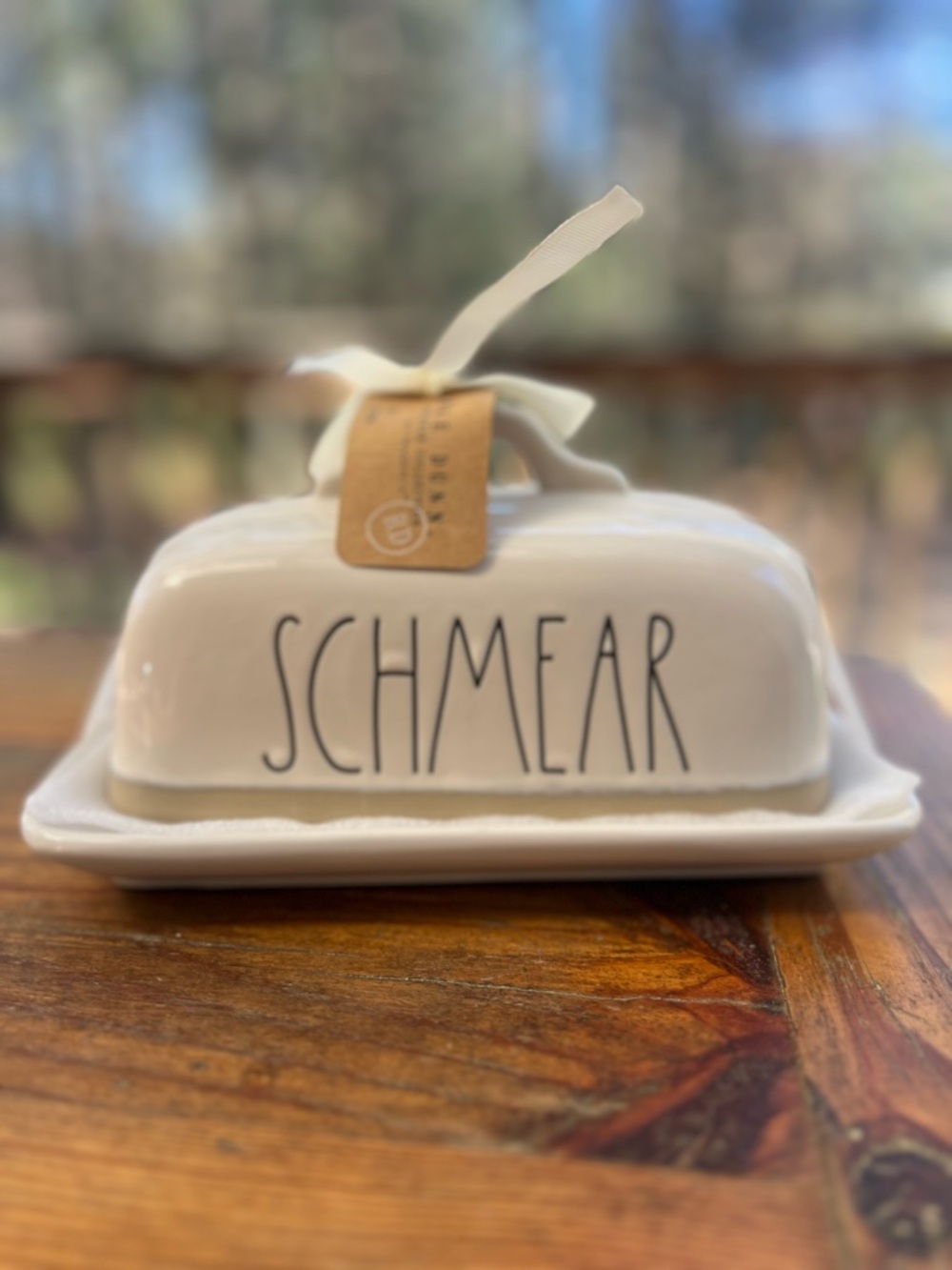 RAE DUNN Schmear White Tan Stripe Black Letters Covered Ceramic Butter Dish NWT
